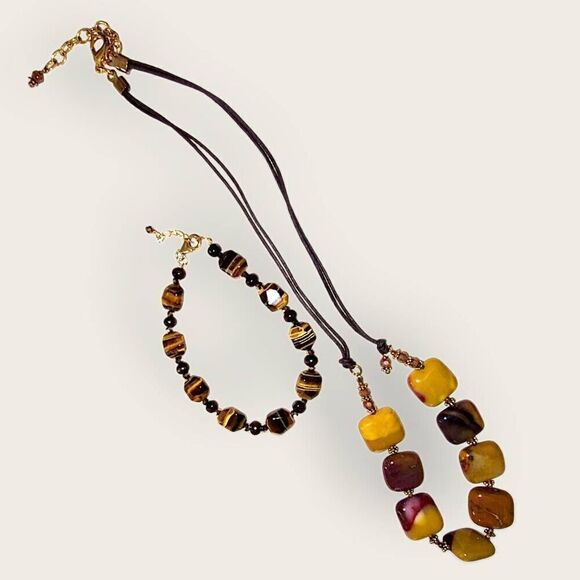 Handcrafted Necklace / Bracelet Tigers Eye Stones Glass Agate Gold Chain Jewelry - Picture 1 of 5